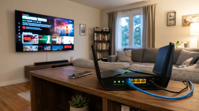 Moderno router Wi-Fi in primo piano con cavo Ethernet blu collegato alla porta LAN e televisore sullo sfondo
