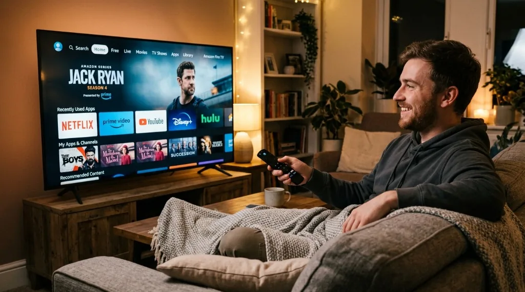 Utente rilassato sul divano con telecomando Fire TV Stick e interfaccia home dello streaming su smart TV