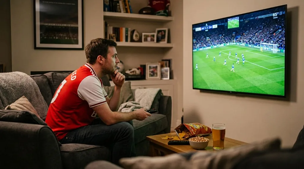 Tifoso di calcio concentrato sul divano mentre guarda una partita di Serie A su una grande smart TV in salotto