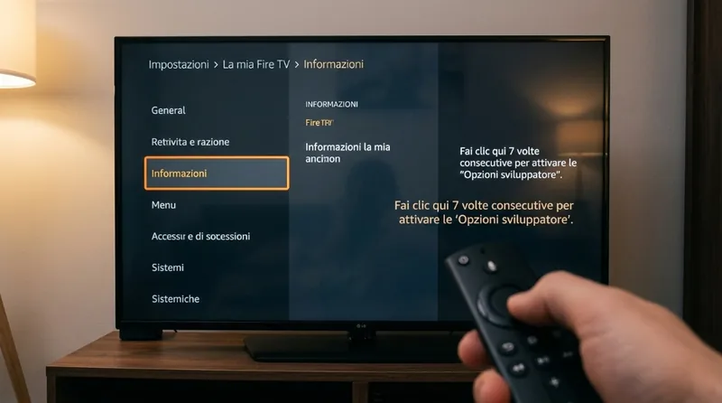 Primo piano dell'interfaccia TV nella sezione La mia Fire TV Informazioni con il telecomando puntato per fare 7 clic