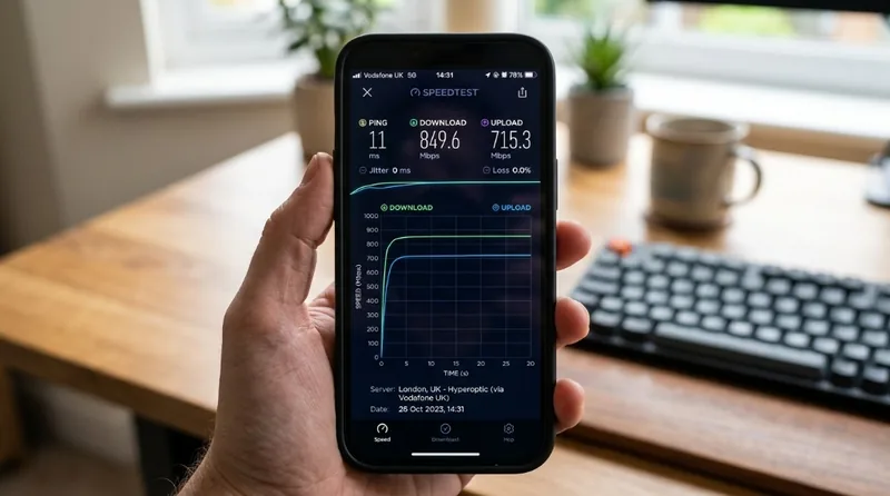 Schermata smartphone che mostra uno speedtest con ping bassissimo di 11 ms, jitter 0 ms e banda ultraveloce